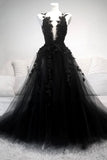 Black Tulle Long Prom Dresses, A-Line Lace Evening Party Dresses HZ0429