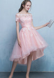 Pink Tulle Lace Short Prom Dress, High Low Evening Party Dress HZ0429