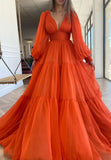 Orange V-Neck Chiffon Long Prom Dresses, A-Line Evening Dresses HZ0429