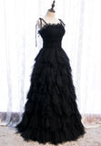 A-Line Long Spaghetti Strap Prom Dresses, Cute Layers Tulle Evening Dresses HZ0429