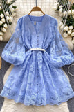 Lovely A-Line Long Sleeve Blue/Apricot Dresses Fashion Dresses HZ0429