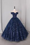 Navy Blue Off-the-Shoulder Ball Gown with Glitter Floral Embroidery - Formal Evening Prom HZ0429