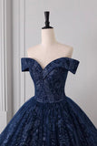 Navy Blue Off-the-Shoulder Ball Gown with Glitter Floral Embroidery - Formal Evening Prom HZ0429