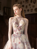Cute Floral Print Long Prom Dress, Beautiful A-Line Halter Evening Party Dress HZ0429