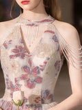 Cute Floral Print Long Prom Dress, Beautiful A-Line Halter Evening Party Dress HZ0429