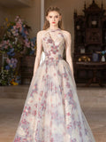 Cute Floral Print Long Prom Dress, Beautiful A-Line Halter Evening Party Dress HZ0429