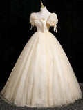 Champagne Tulle Floor Length Prom Dress, Cute Short Sleeve Evening Party Dress HZ0429