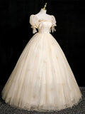 Champagne Tulle Floor Length Prom Dress, Cute Short Sleeve Evening Party Dress HZ0429