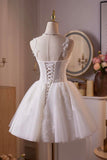 White Tulle Lace Short Prom Dress with Corset, A-Line Sweetheart Neck Party Dress HZ0429