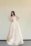 Beautiful Light Yellow Satin Floor Length Prom Dress with Bow, A-Line Strapless Party Dress HZ0429