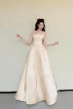 Beautiful Light Yellow Satin Floor Length Prom Dress with Bow, A-Line Strapless Party Dress HZ0429