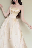Beautiful Light Yellow Satin Floor Length Prom Dress with Bow, A-Line Strapless Party Dress HZ0429