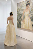 Beautiful Light Yellow Satin Floor Length Prom Dress with Bow, A-Line Strapless Party Dress HZ0429