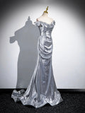 Silver Sequins Long Prom Dress, Mermaid Off the Shoulder Evening Party Dress HZ0429