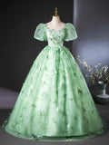 Green Tulle Floor Length Prom Dress with Butterfly Lace, A-line Short Sleeve Evening Dress HZ0429