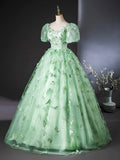 Green Tulle Floor Length Prom Dress with Butterfly Lace, A-line Short Sleeve Evening Dress HZ0429
