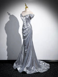 Silver Sequins Long Prom Dress, Mermaid Off the Shoulder Evening Party Dress HZ0429