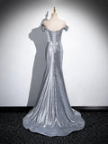 Silver Sequins Long Prom Dress, Mermaid Off the Shoulder Evening Party Dress HZ0429