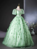 Green Tulle Floor Length Prom Dress with Butterfly Lace, A-line Short Sleeve Evening Dress HZ0429