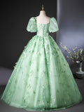 Green Tulle Floor Length Prom Dress with Butterfly Lace, A-line Short Sleeve Evening Dress HZ0429