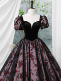 Elegant Velvet and Rose Print Long Formal Dress, A-Line Short Sleeve Prom Party Dress HZ0429