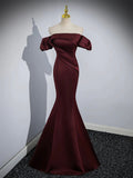 Burgundy Satin Long Prom Dress, Mermaid Off the Shoulder Evening Party Dress HZ0429