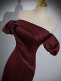 Burgundy Satin Long Prom Dress, Mermaid Off the Shoulder Evening Party Dress HZ0429