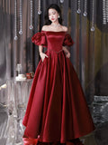 Burgundy Satin Floor Length Prom Dress, Off the Shoulder Short Sleeve Evening Dress HZ0429