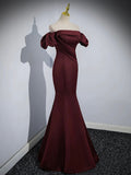 Burgundy Satin Long Prom Dress, Mermaid Off the Shoulder Evening Party Dress HZ0429