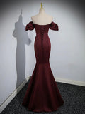 Burgundy Satin Long Prom Dress, Mermaid Off the Shoulder Evening Party Dress HZ0429