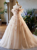 Champagne Floral Tulle Long Prom Dress, Elegant A-Line Formal Evening Dress HZ0429