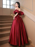 Burgundy Satin Floor Length Prom Dress, Off the Shoulder Short Sleeve Evening Dress HZ0429