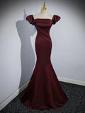 Burgundy Satin Long Prom Dress, Mermaid Off the Shoulder Evening Party Dress HZ0429