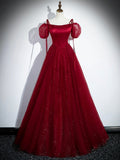 Burgundy Satin Tulle Long Prom Dress, Elegant Off the Shoulder Party Dress HZ0429