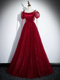 Burgundy Satin Tulle Long Prom Dress, Elegant Off the Shoulder Party Dress HZ0429