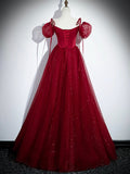 Burgundy Satin Tulle Long Prom Dress, Elegant Off the Shoulder Party Dress HZ0429