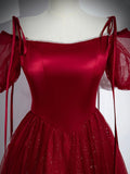 Burgundy Satin Tulle Long Prom Dress, Elegant Off the Shoulder Party Dress HZ0429