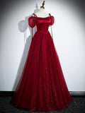 Burgundy Satin Tulle Long Prom Dress, Elegant Off the Shoulder Party Dress HZ0429