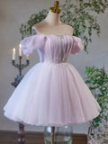 Purple Tulle Short A-Line Party Dress, Lovely Off the Shoulder Evening Dress HZ0429