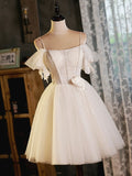 Light Champagne Spaghetti Strap Tulle Party Dress, Beautiful A-Line Evening Prom Dress HZ0429