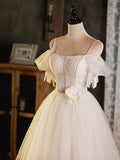 Light Champagne Spaghetti Strap Tulle Party Dress, Beautiful A-Line Evening Prom Dress HZ0429