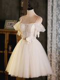 Light Champagne Spaghetti Strap Tulle Party Dress, Beautiful A-Line Evening Prom Dress HZ0429