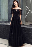 Black Tulle Long A-Line Prom Dresses, Black Off the Shoulder Evening Dresses HZ0429