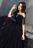 Black Tulle Long A-Line Prom Dresses, Black Off the Shoulder Evening Dresses HZ0429