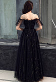Black Tulle Long A-Line Prom Dresses, Black Off the Shoulder Evening Dresses HZ0429
