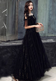 Black Tulle Long A-Line Prom Dresses, Black Off the Shoulder Evening Dresses HZ0429
