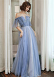 Blue Tulle Long A-Line Prom Dresses, Blue Evening Dresses HZ0429