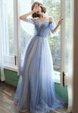 Blue Tulle Long A-Line Prom Dresses, Blue Evening Dresses HZ0429