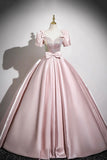 Pink Satin Sequins Long Prom Dress, Lovely A-Line Short Sleeve Party Dress HZ0429