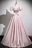 Pink Satin Sequins Long Prom Dress, Lovely A-Line Short Sleeve Party Dress HZ0429